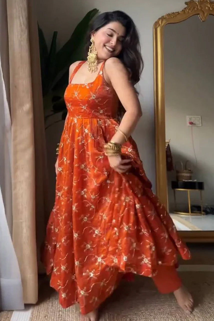 Rust Orange Embroidered Anarkali Gown Set with Dupatta – Royal Festive Collection