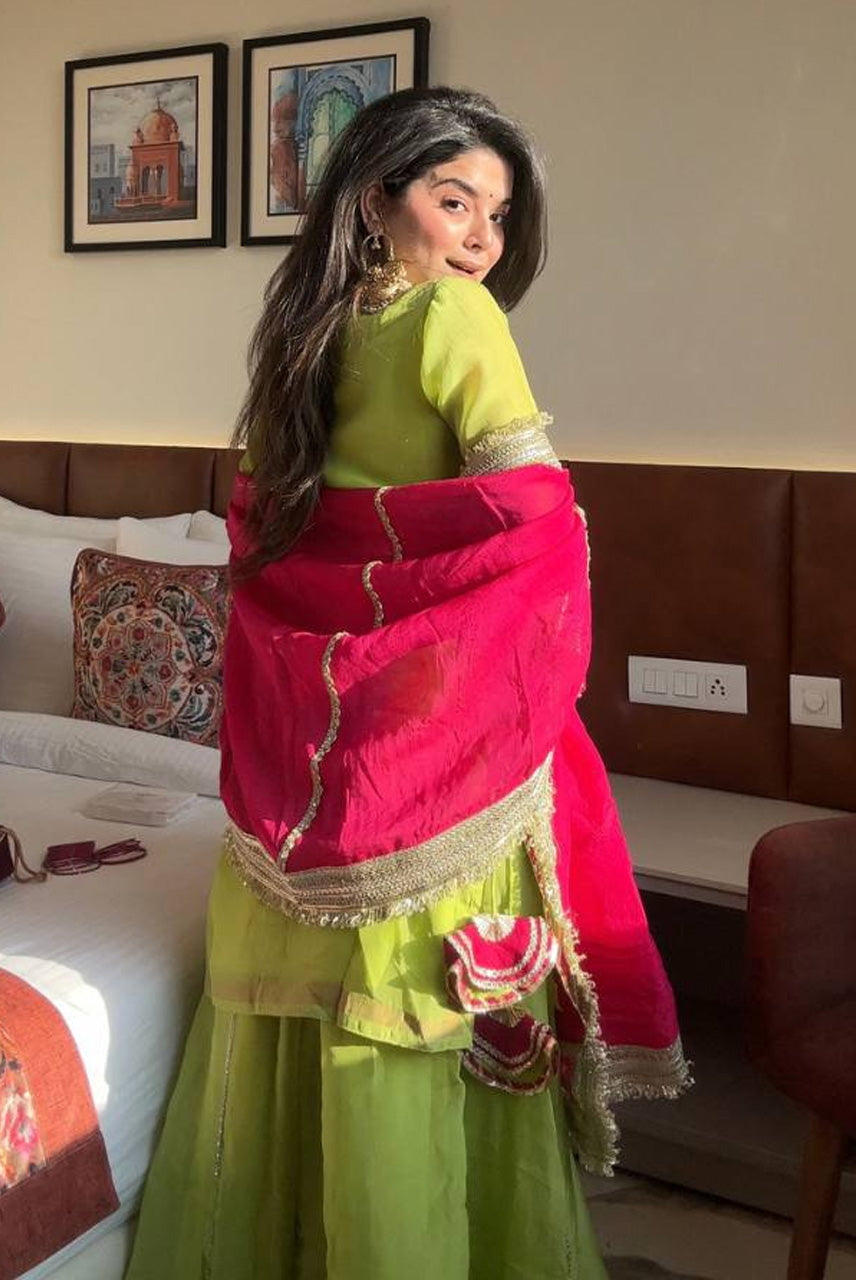 Lime Green Kurta Sharara Set with Rani Pink Dupatta
