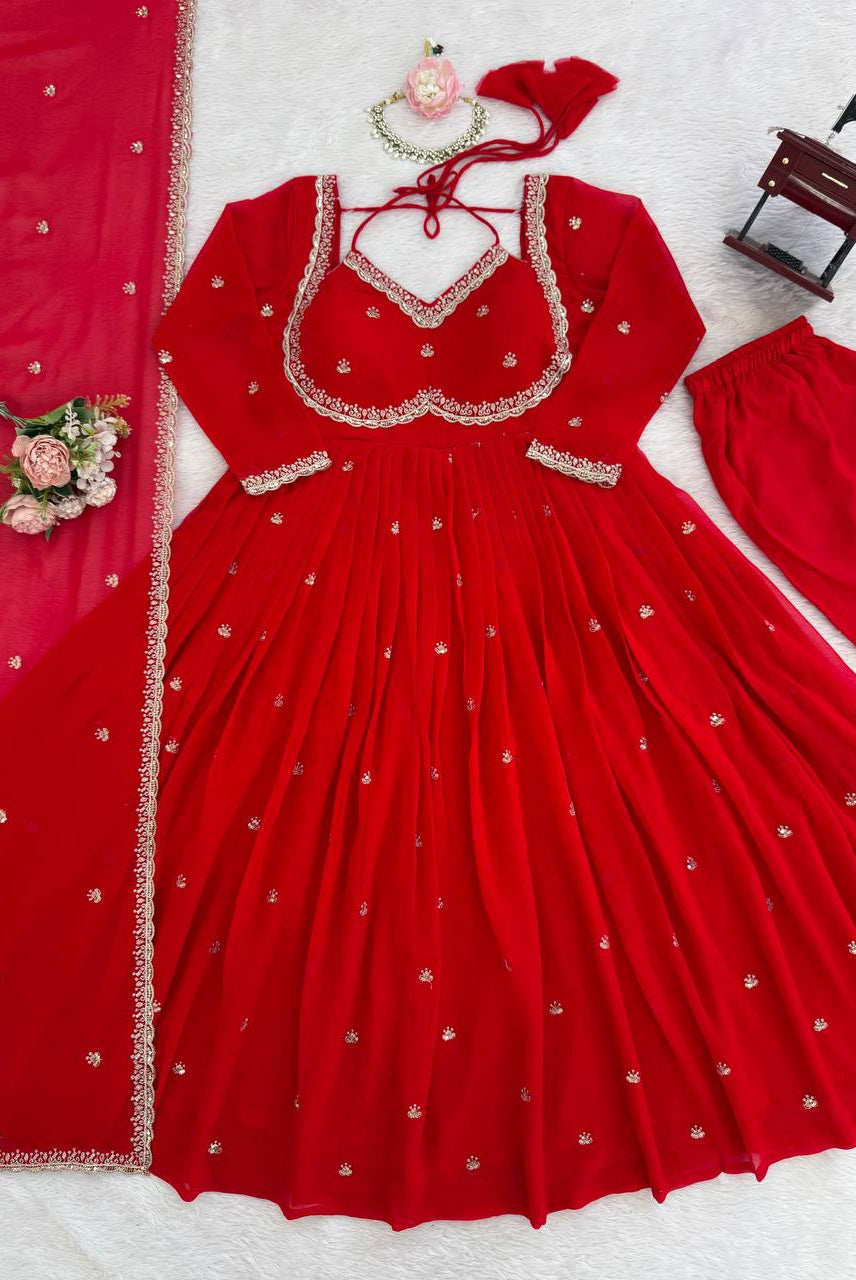 Ruby Red Embroidered Anarkali Suit Set with Dupatta