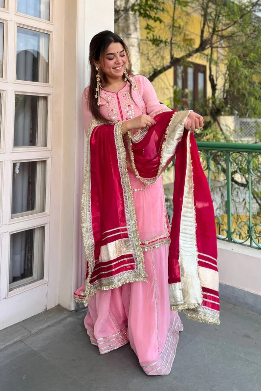 Blush Pink Embroidered Sharara Set with Rani Dupatta
