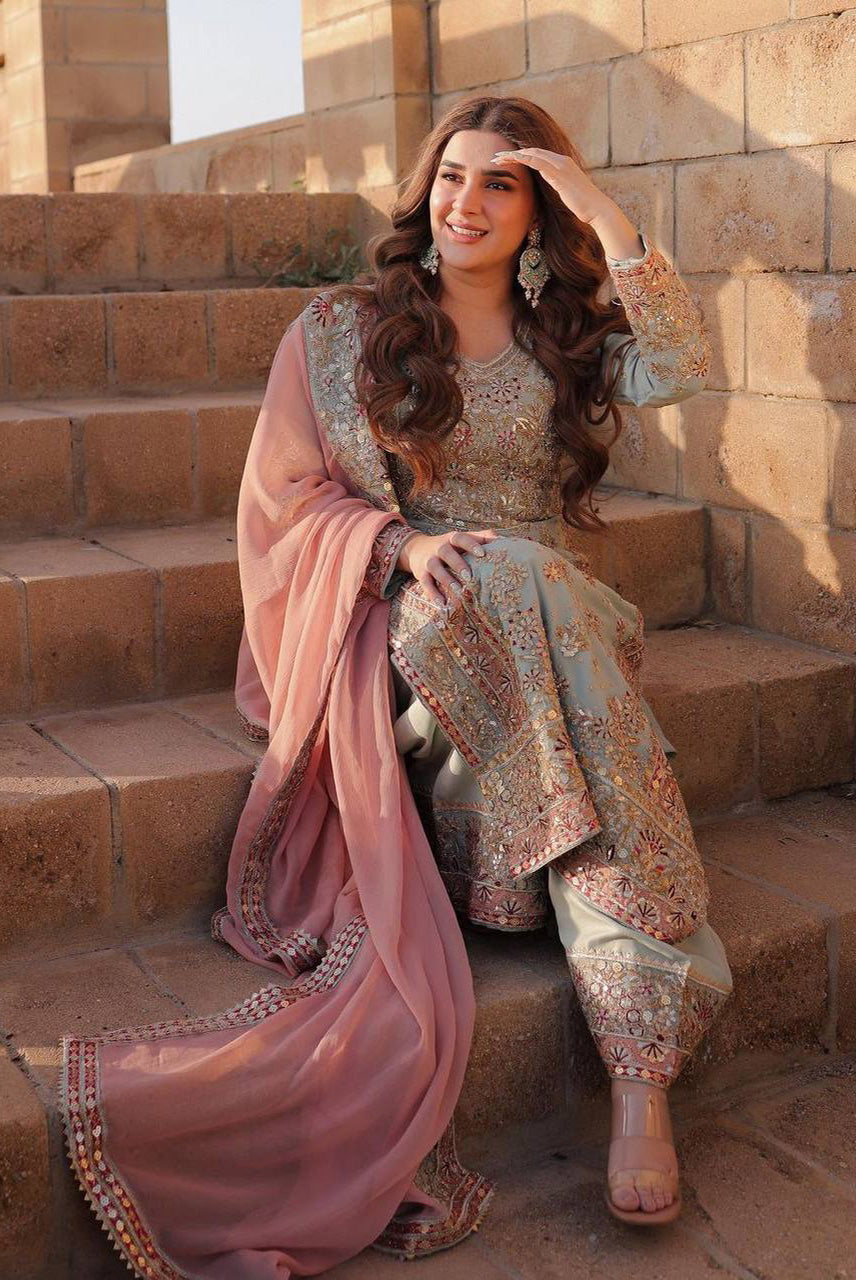 Regal Pastel Zari Embroidered Suit Set