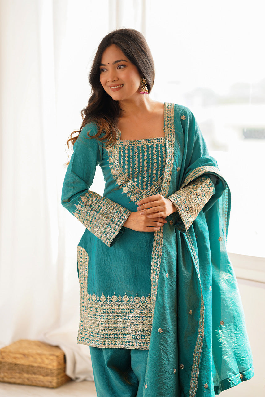 Turquoise Blue Embroidered Kurta Patiala Set with Dupatta