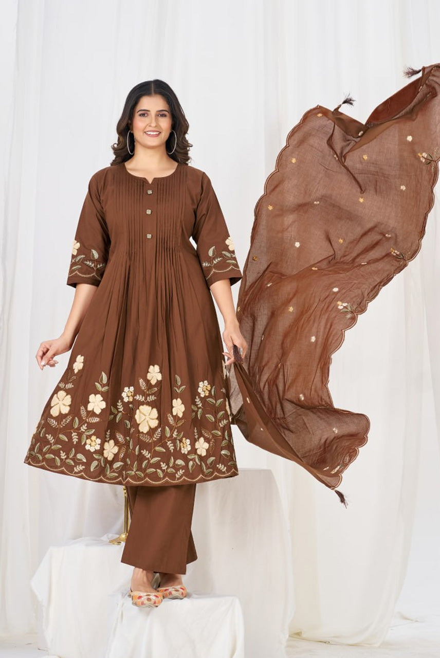 Chocolate Brown Floral Embroidered Anarkali Suit Set