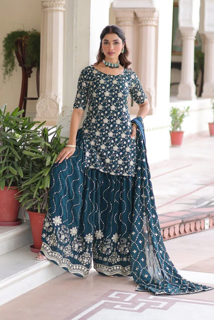 Midnight Teal Heavy Embroidered Kurta Sharara Set with Dupatta