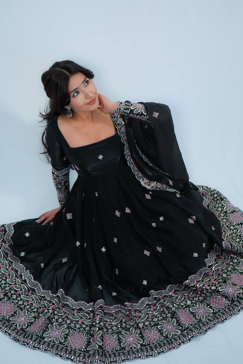 Noor-E-Shaam Black Embroidered Anarkali Set with Designer Dupatta