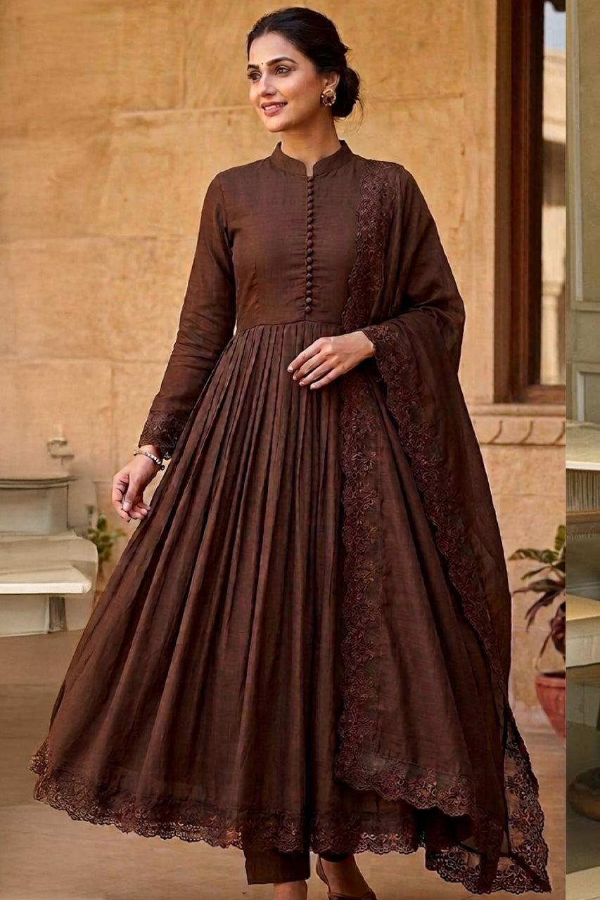 Cocoa Royale Brown Anarkali Kurta Set with Designer Dupatta