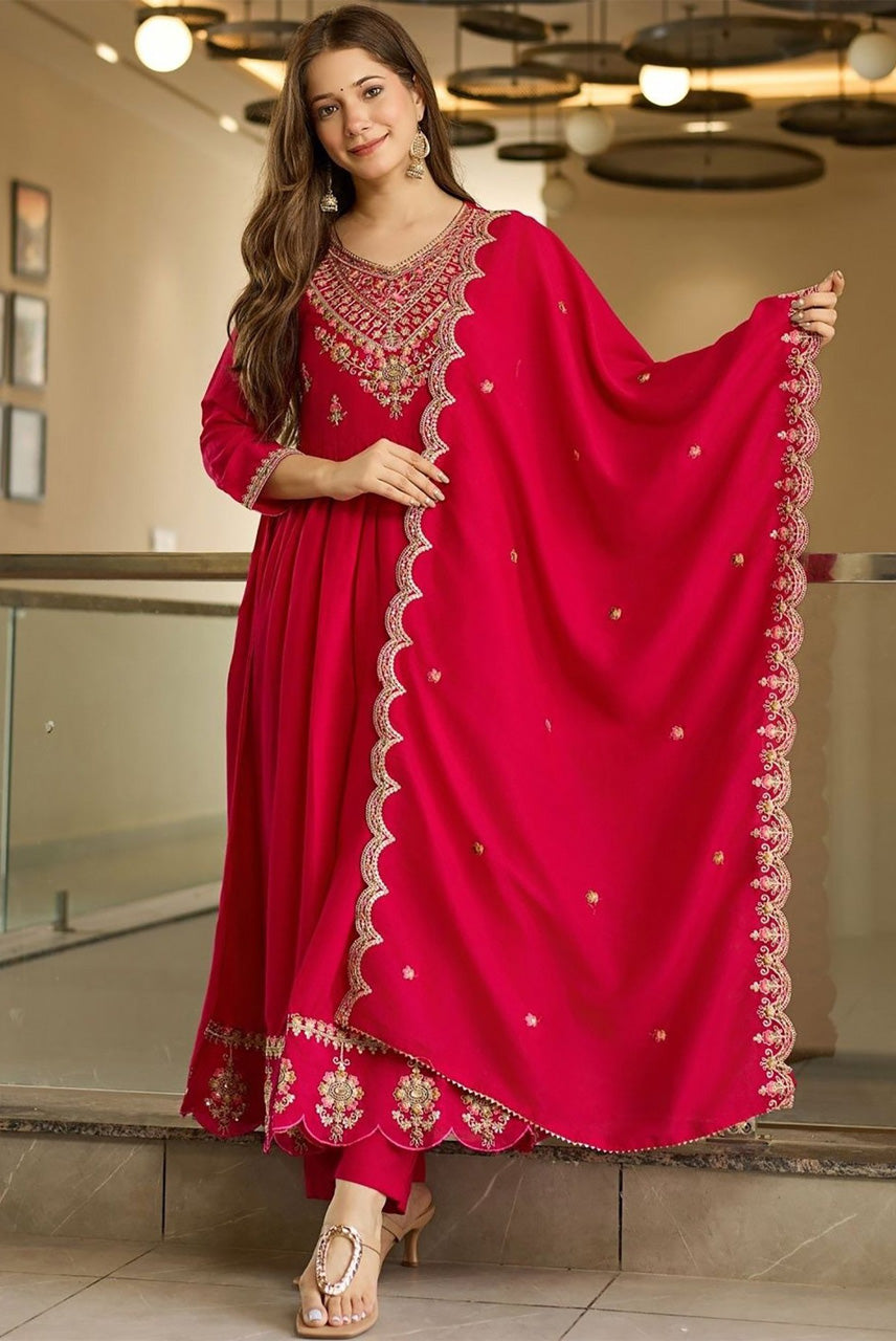 Rani Pink Embroidered Anarkali Suit Set with Dupatta
