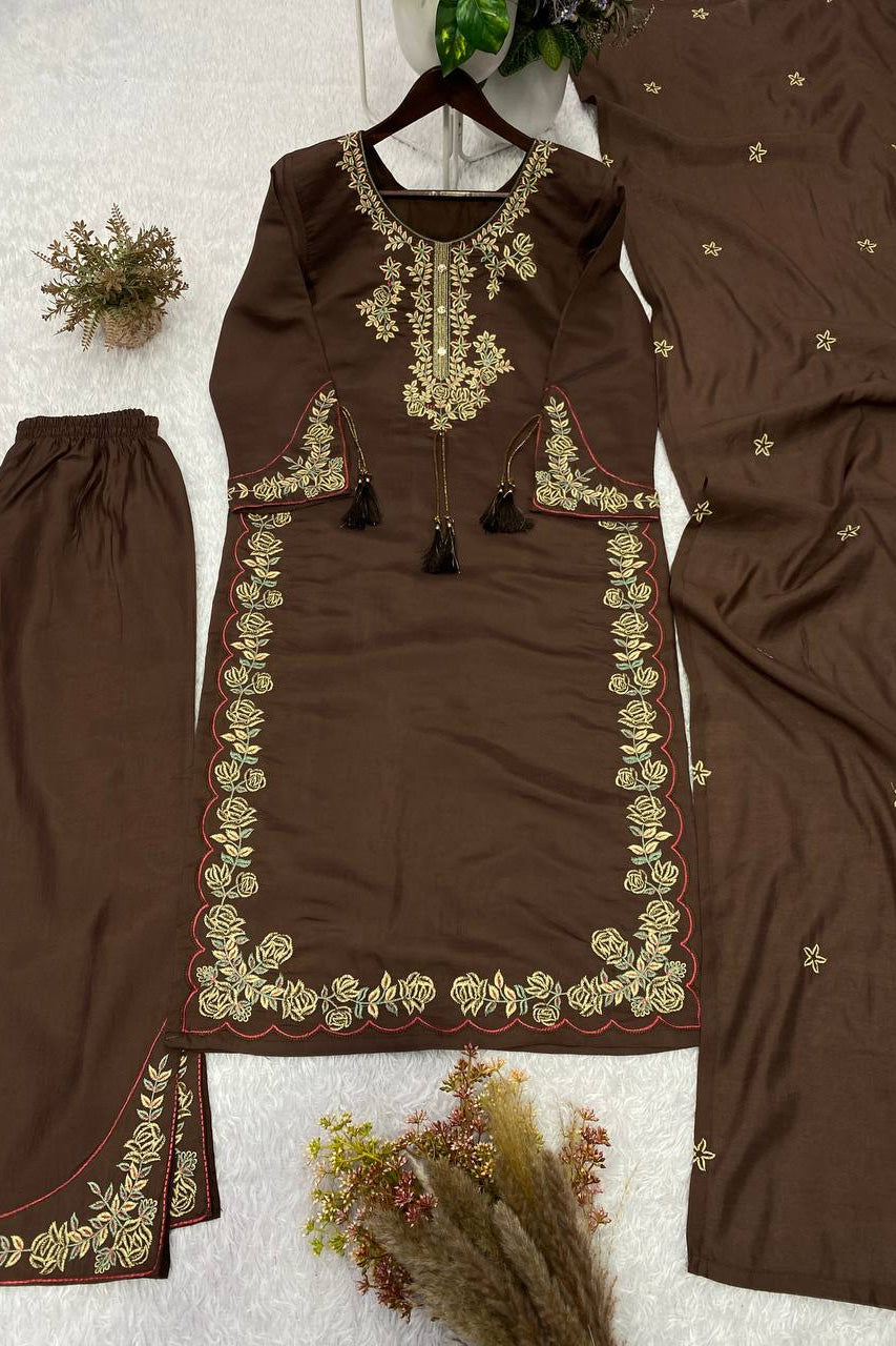 Shehzaadi Mocha Brown Embroidered Kurta Pant Set with Designer Dupatta