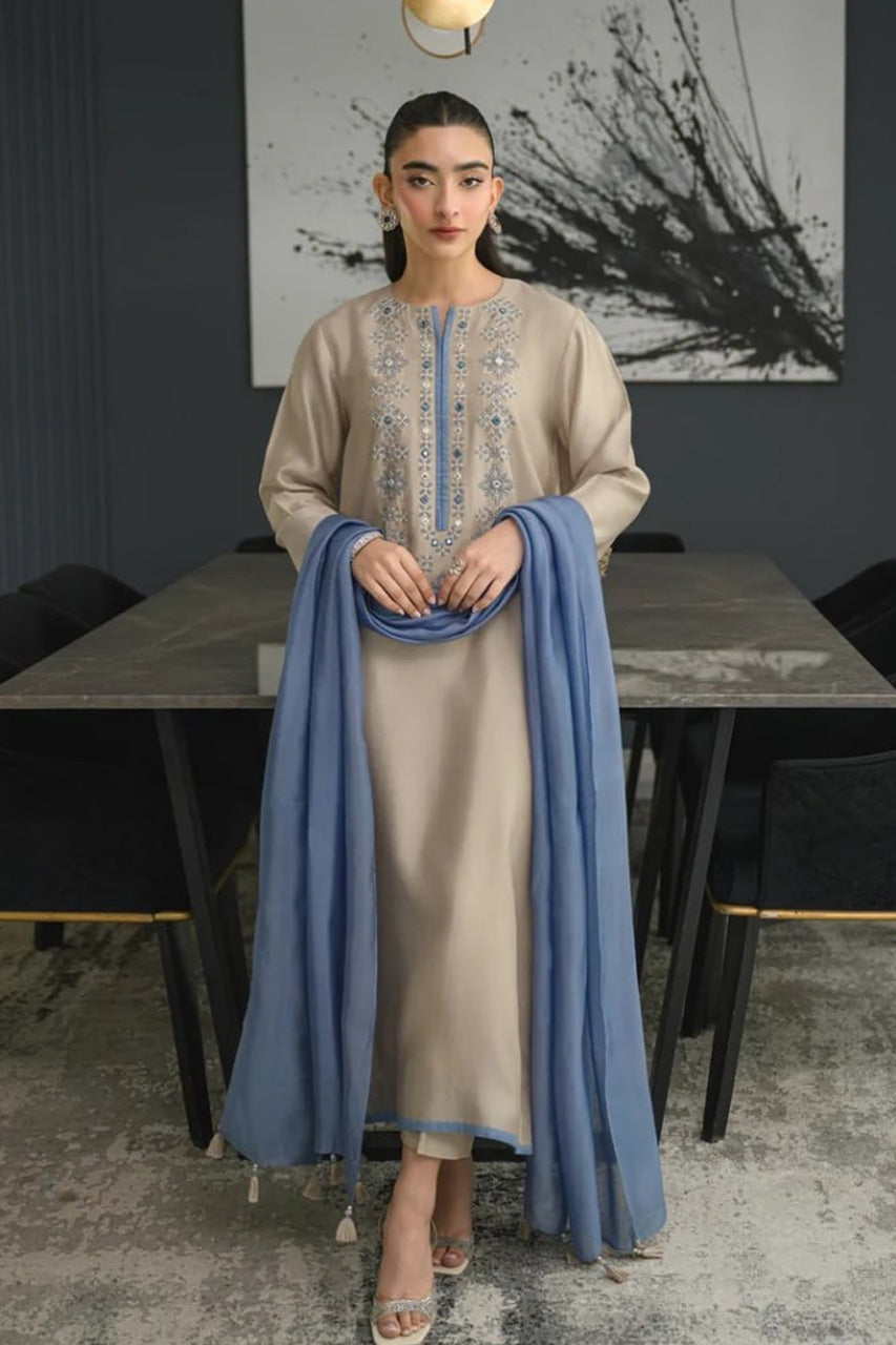 Aarzoo Beige Embroidered Kurta Set with Powder Blue Dupatta