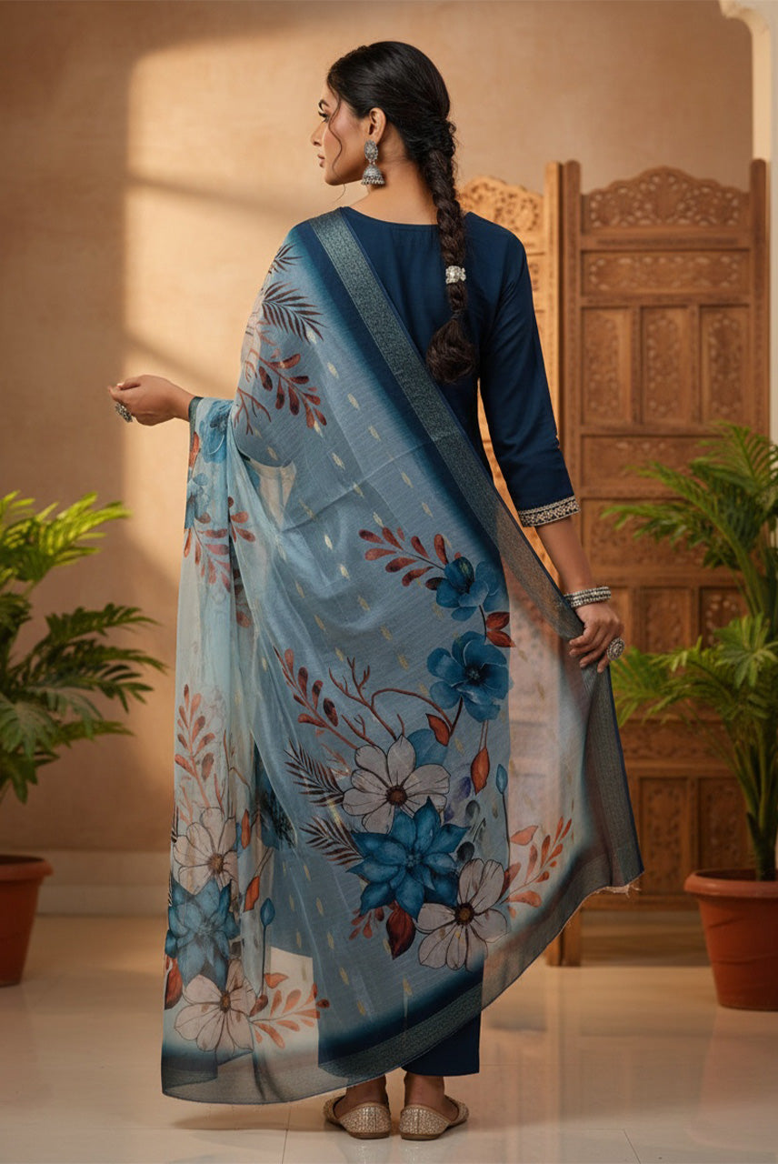 Midnight Blue Floral Organza Dupatta Kurta Set