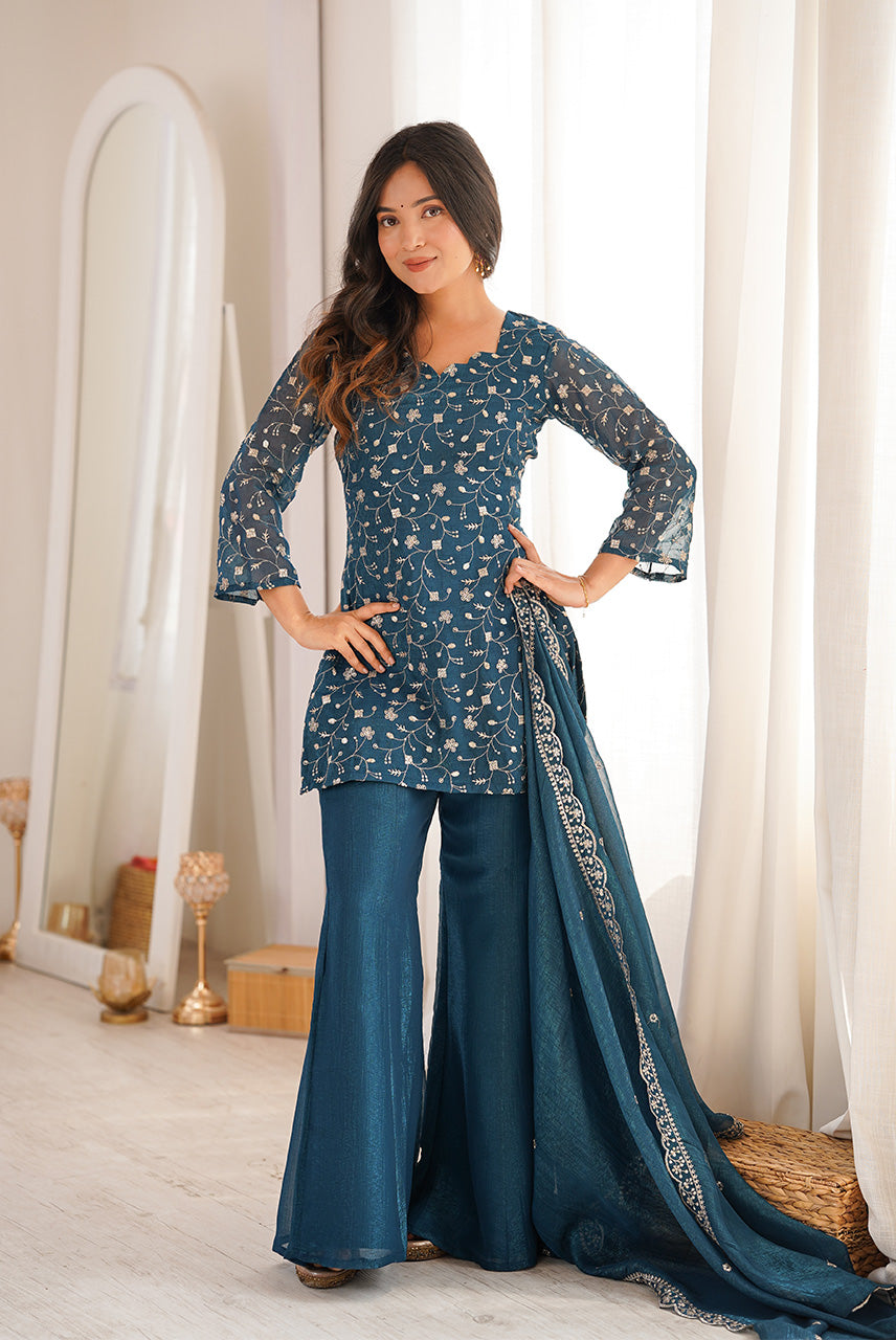 Teal Blue Heavy Embroidered Kurta Palazzo Set with Dupatta