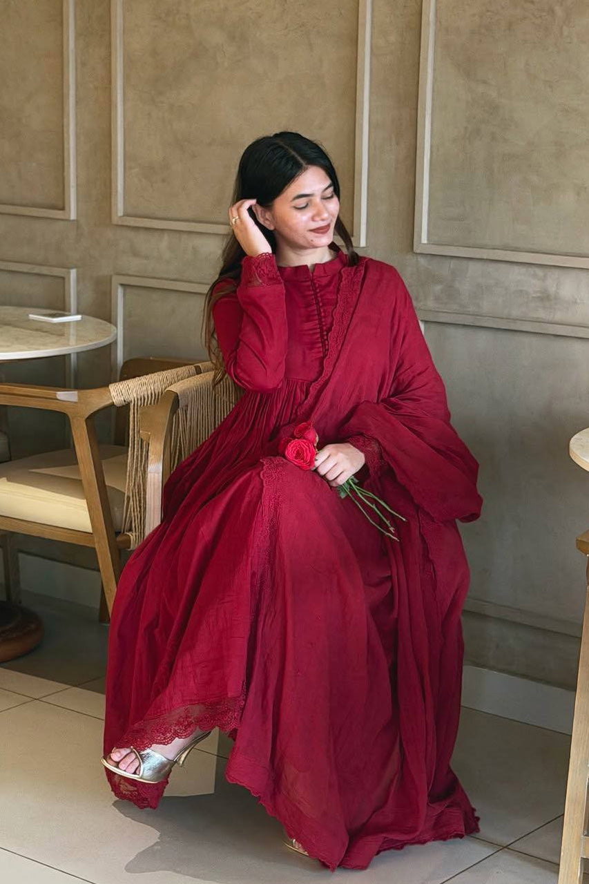 Ruhani Crimson Red Anarkali Kurta Set with Designer Dupatta