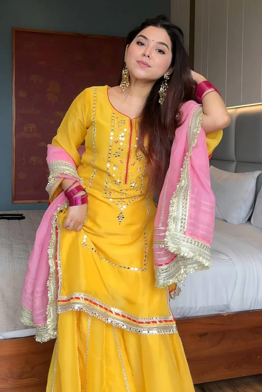 Sunshine Yellow Kurta Sharara Set with Pink Dupatta