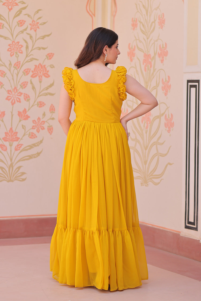 Sunshine Yellow Butterfly Embellished Ruffle Sleeve Anarkali Gown
