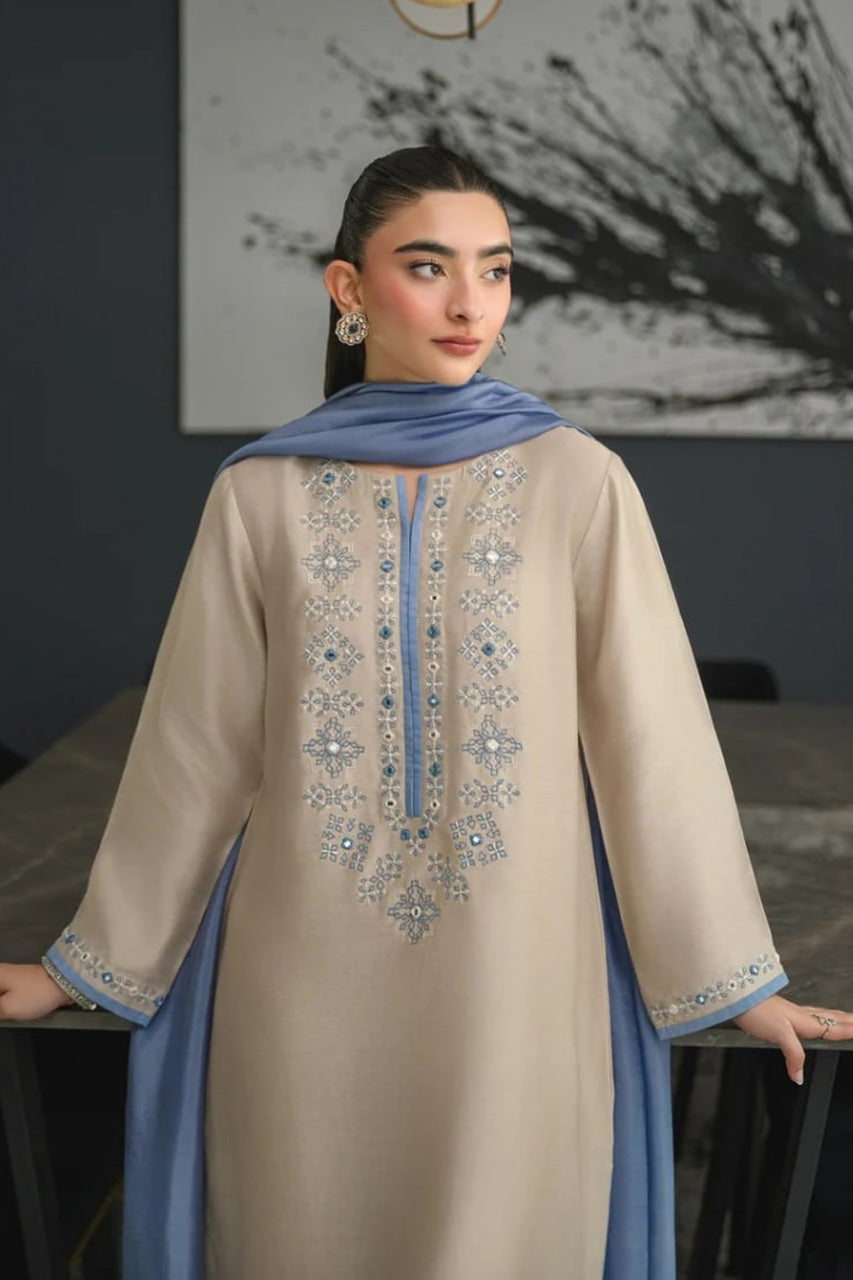 Aarzoo Beige Embroidered Kurta Set with Powder Blue Dupatta