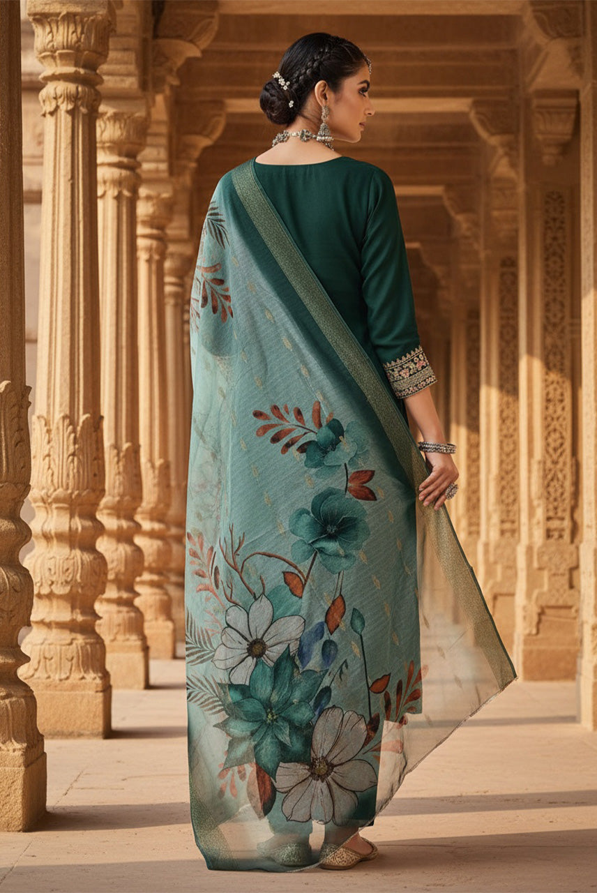 Emerald Mist Floral Organza Dupatta Kurta Set