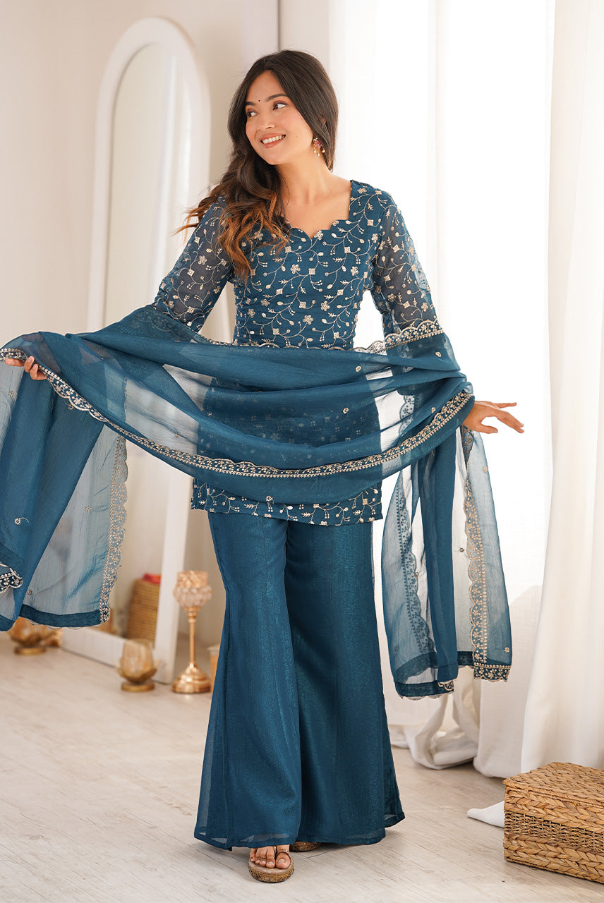 Teal Blue Heavy Embroidered Kurta Palazzo Set with Dupatta
