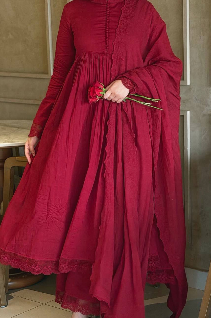 Ruhani Crimson Red Anarkali Kurta Set with Designer Dupatta