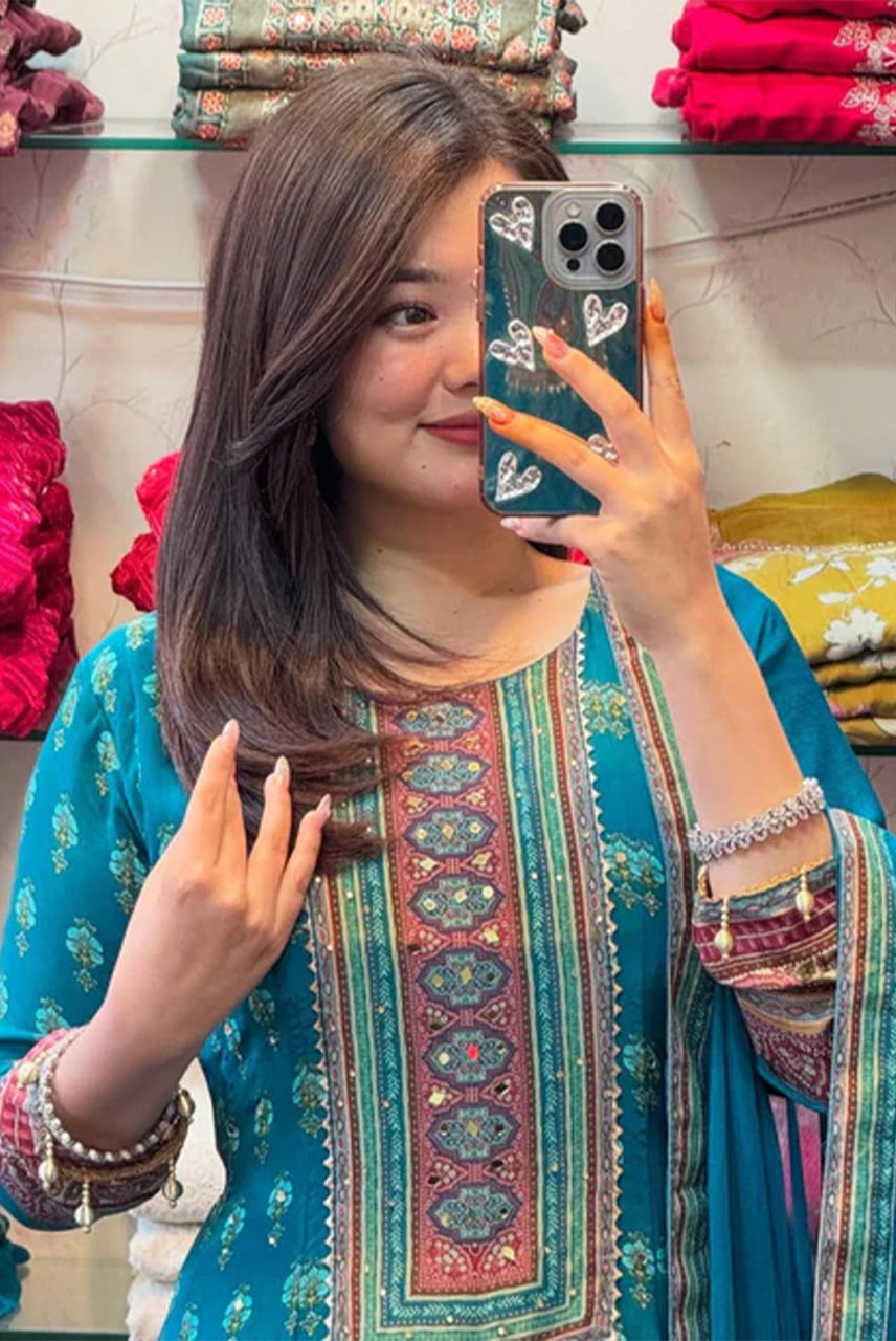 Teal Blue Floral Printed Anarkali Suit with Dupatta