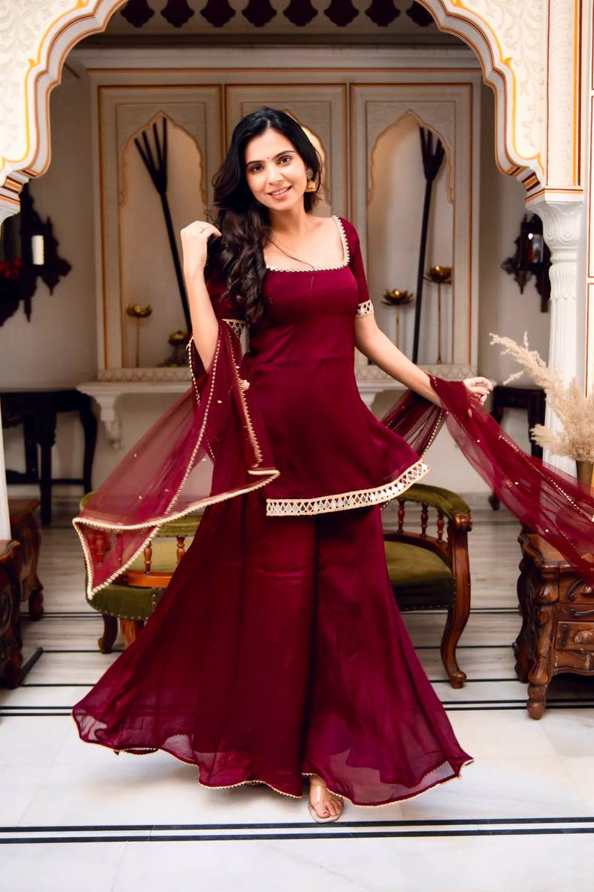Mehrunisa Wine Sharara Set with Sheer Designer Dupatta