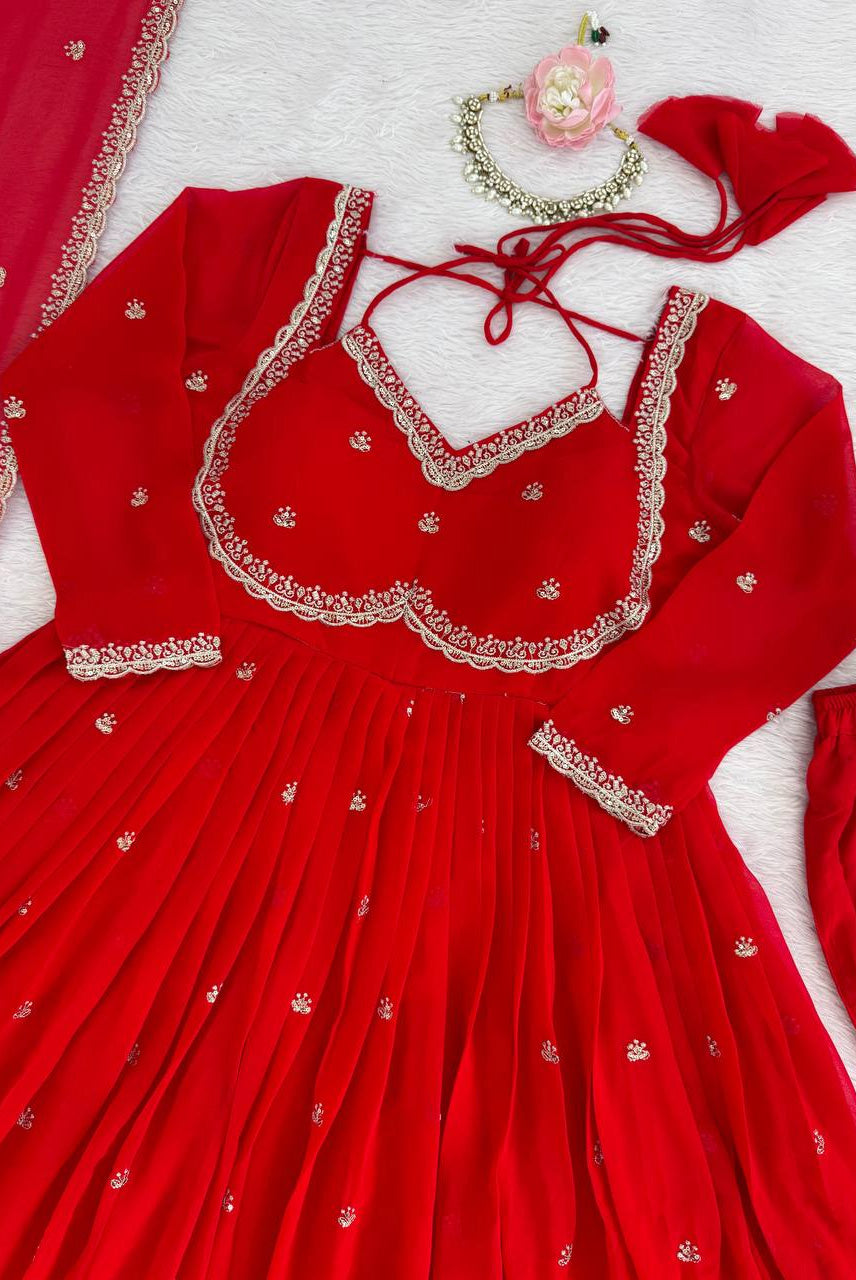Ruby Red Embroidered Anarkali Suit Set with Dupatta
