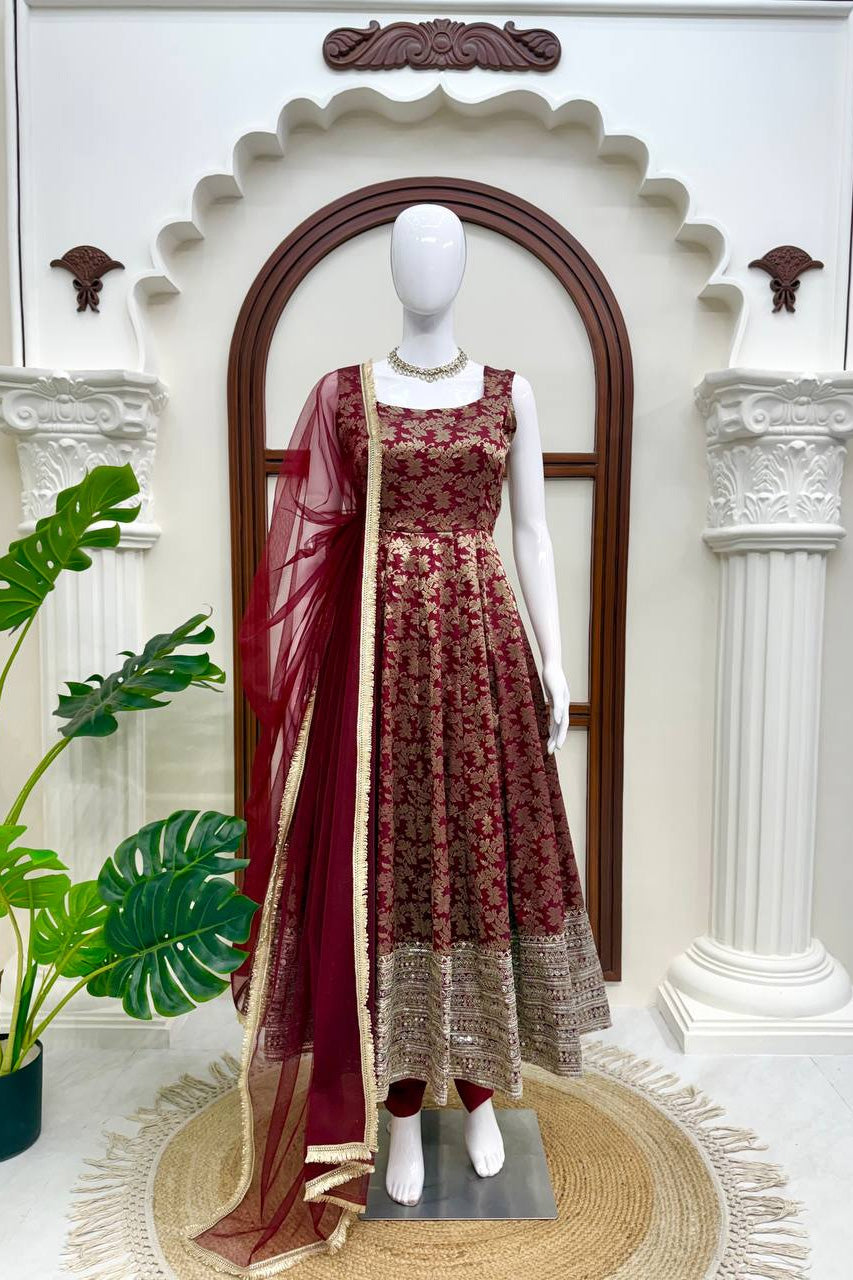 Gulbahar Wine Floral Anarkali Gown Set with Designer Dupatta