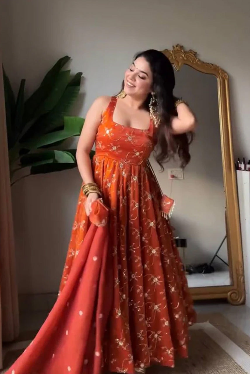 Rust Orange Embroidered Anarkali Gown Set with Dupatta – Royal Festive Collection