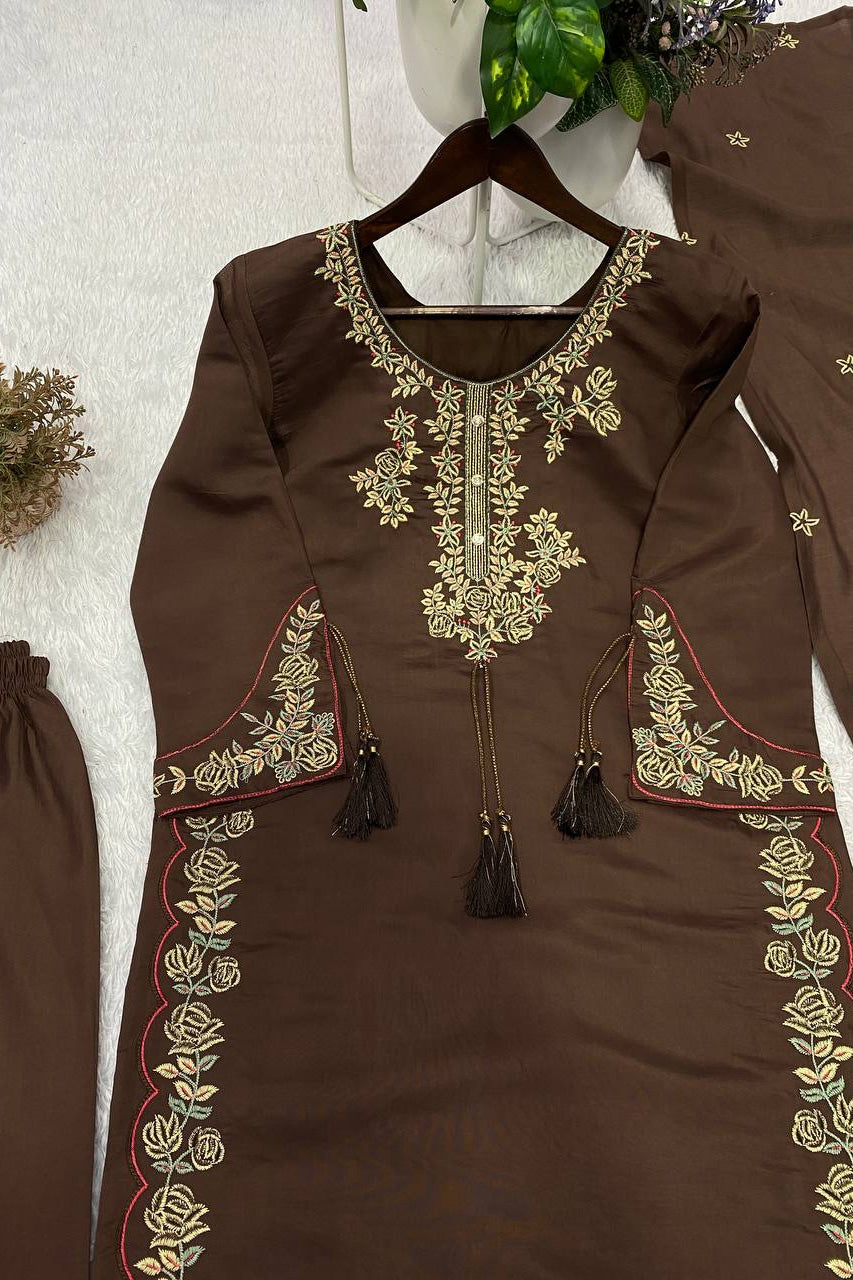 Shehzaadi Mocha Brown Embroidered Kurta Pant Set with Designer Dupatta