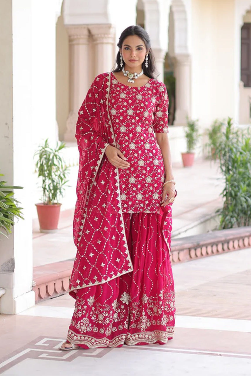 Rani Pink Heavy Embroidered Kurta Sharara Set with Dupatta