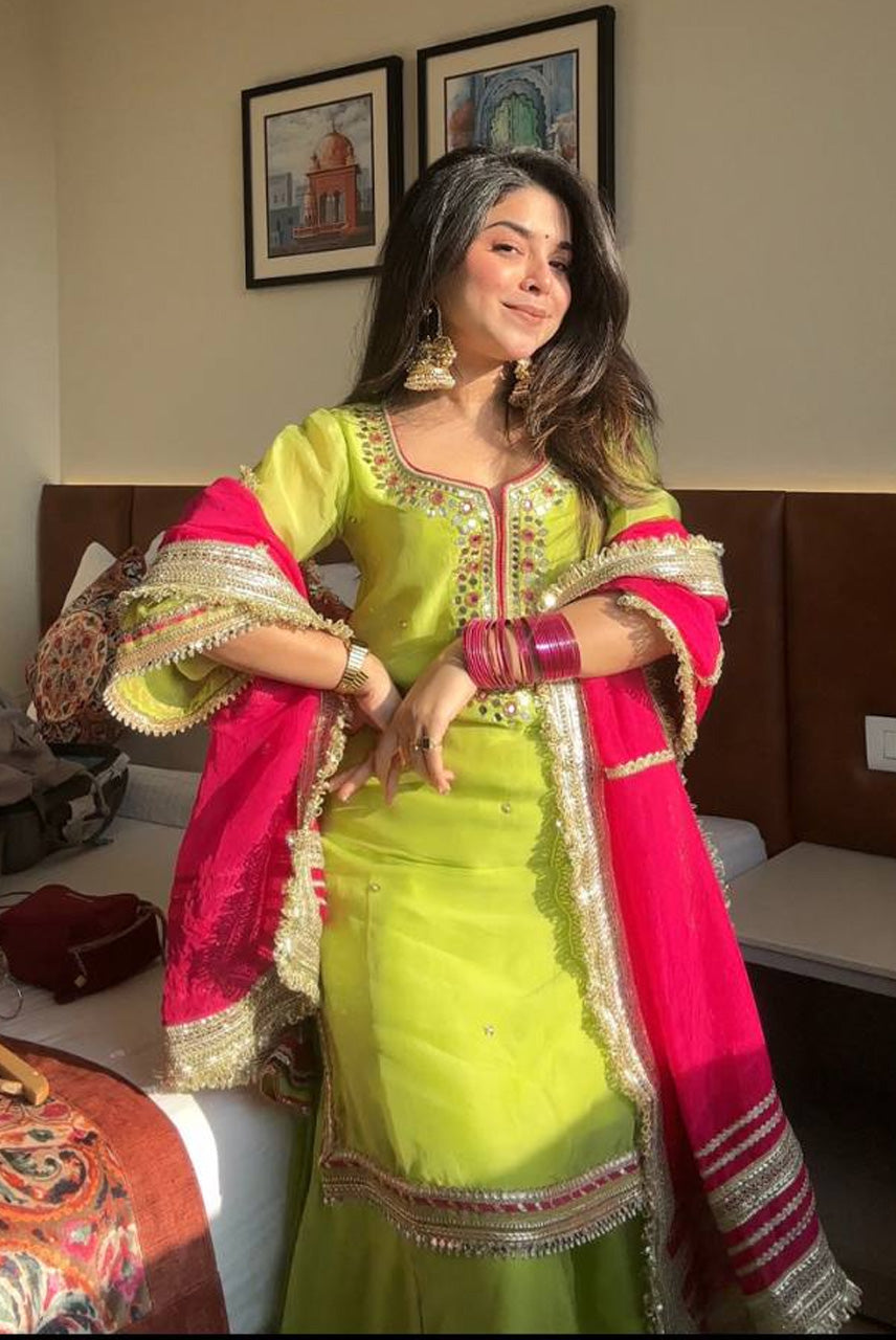 Lime Green Kurta Sharara Set with Rani Pink Dupatta