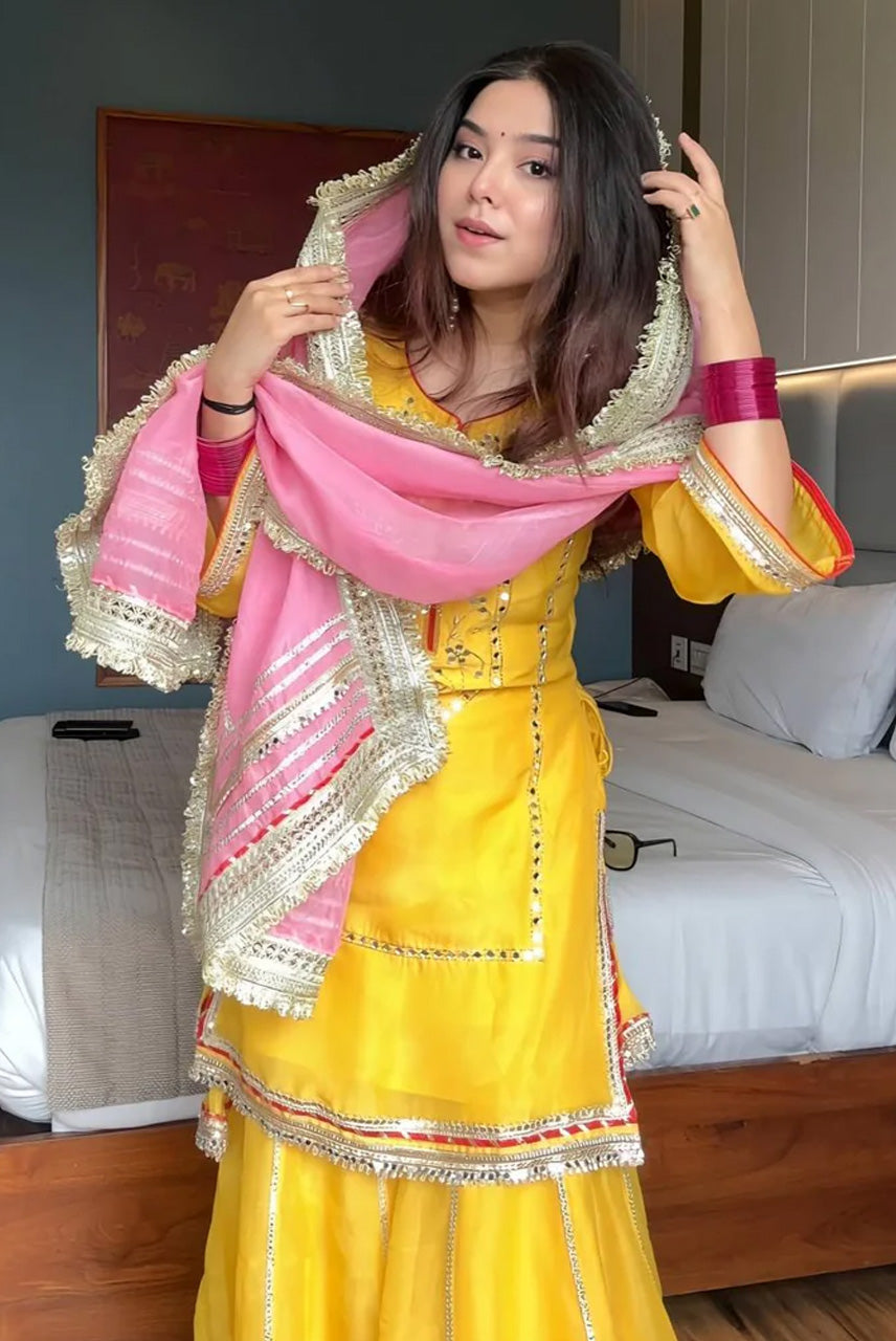 Sunshine Yellow Kurta Sharara Set with Pink Dupatta