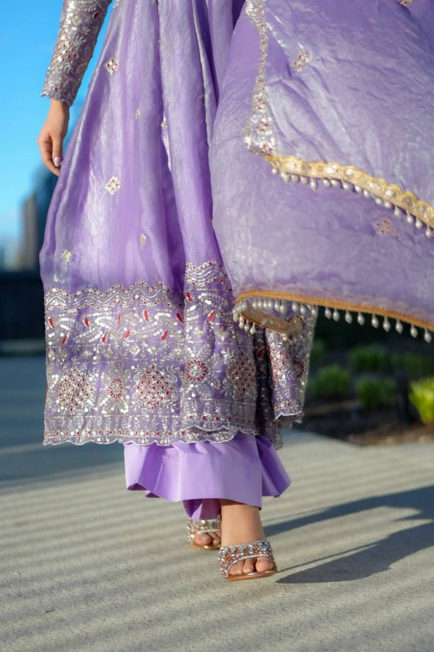 Lavender Noor Embellished Anarkali Set with Designer Dupatta