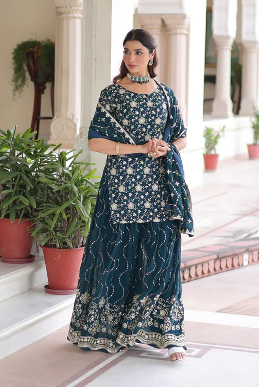 Midnight Teal Heavy Embroidered Kurta Sharara Set with Dupatta
