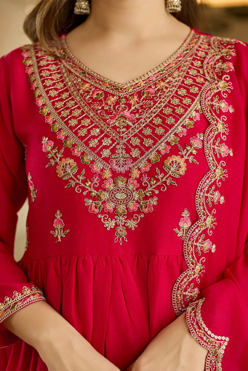 Rani Pink Embroidered Anarkali Suit Set with Dupatta