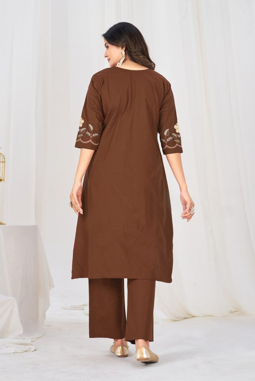 Chocolate Brown Floral Embroidered Anarkali Suit Set