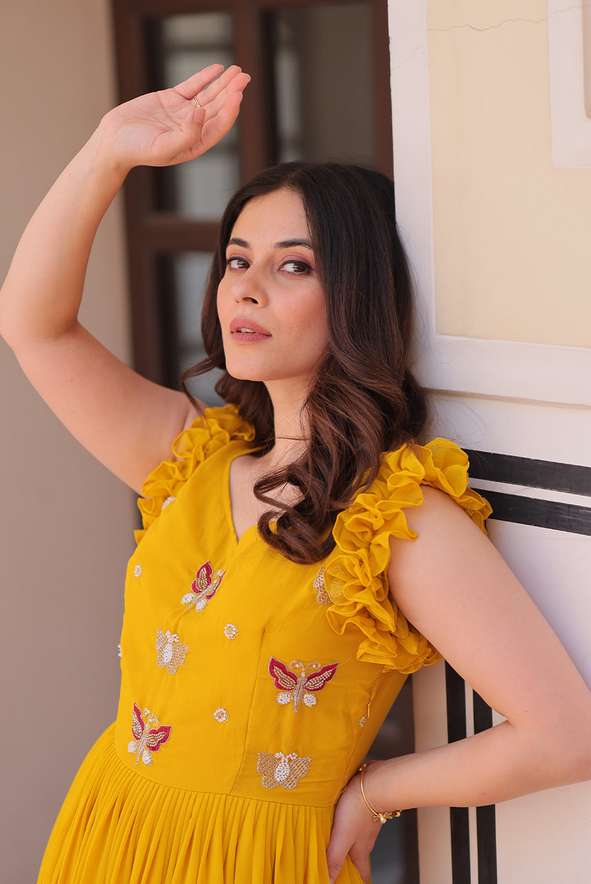Sunshine Yellow Butterfly Embellished Ruffle Sleeve Anarkali Gown