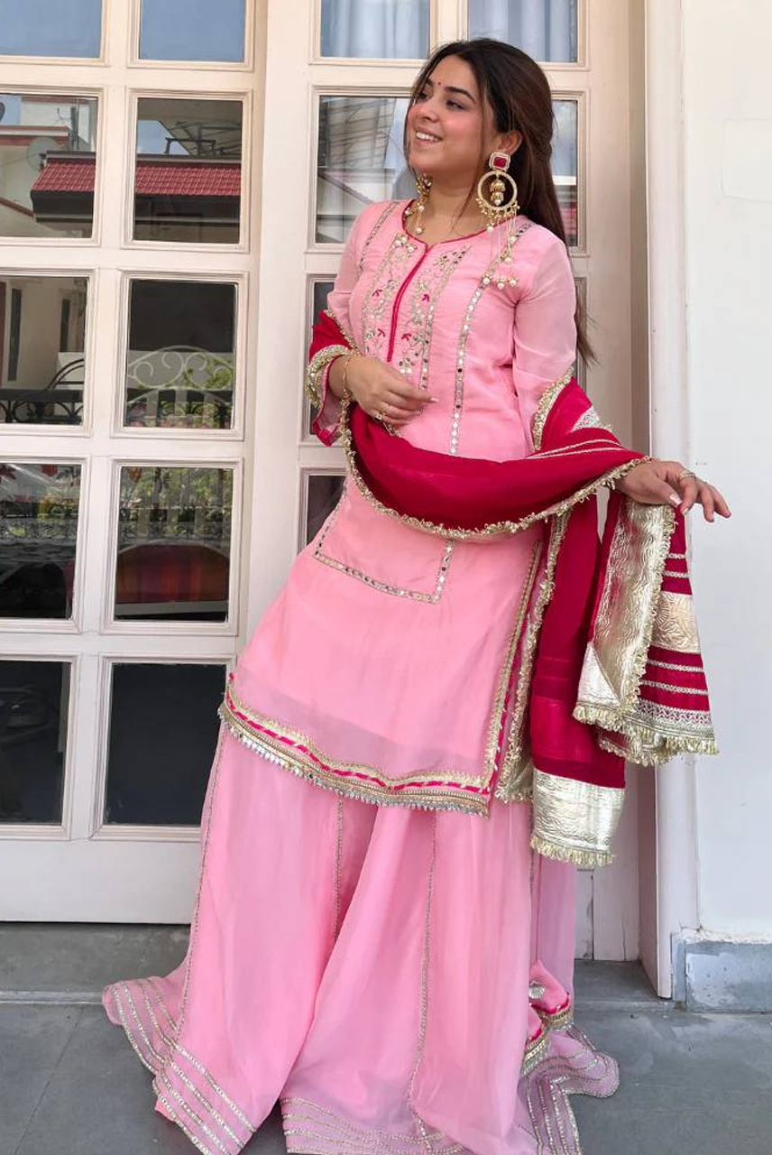 Blush Pink Embroidered Sharara Set with Rani Dupatta