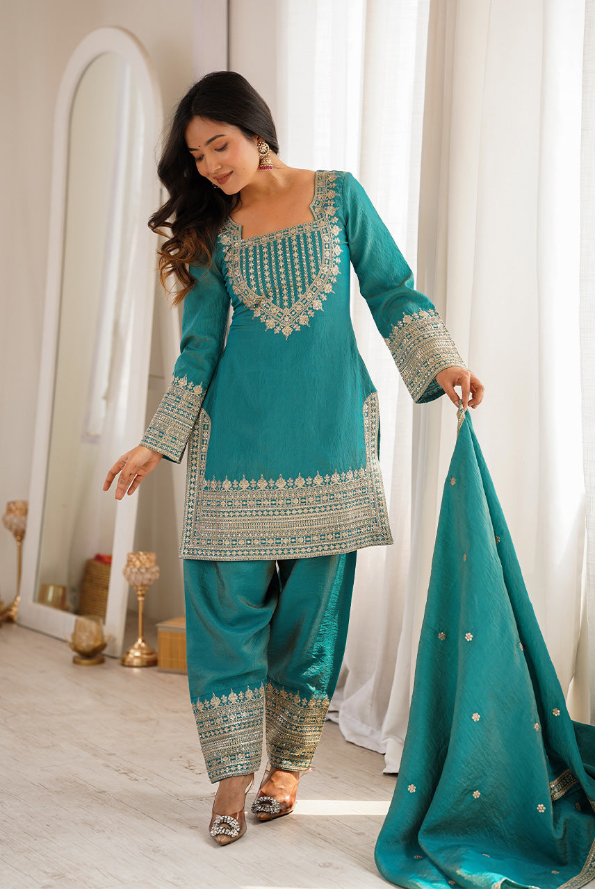 Turquoise Blue Embroidered Kurta Patiala Set with Dupatta