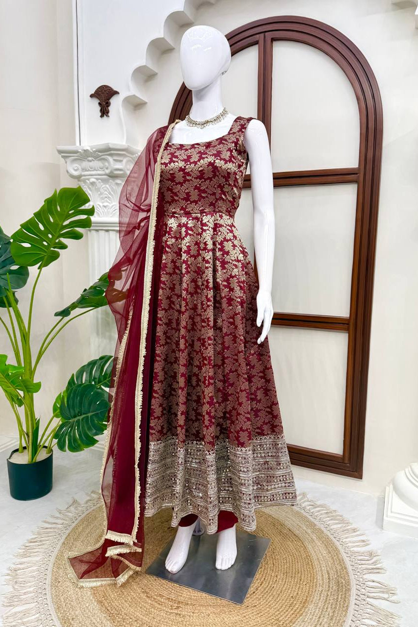 Gulbahar Wine Floral Anarkali Gown Set with Designer Dupatta