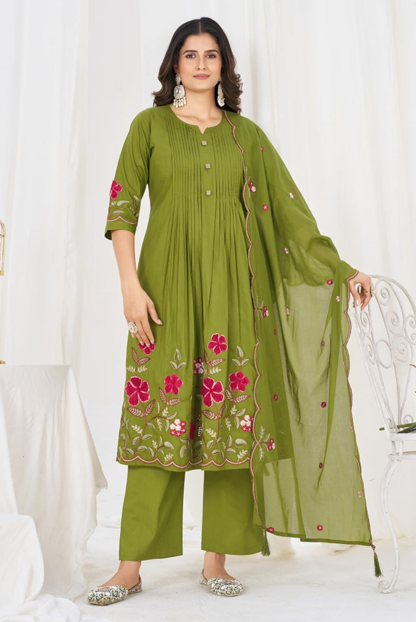 Olive Green Floral Embroidered Anarkali Suit Set with Dupatta
