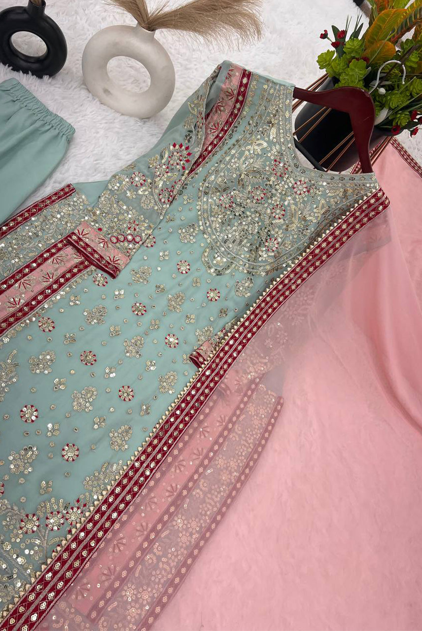 Regal Pastel Zari Embroidered Suit Set