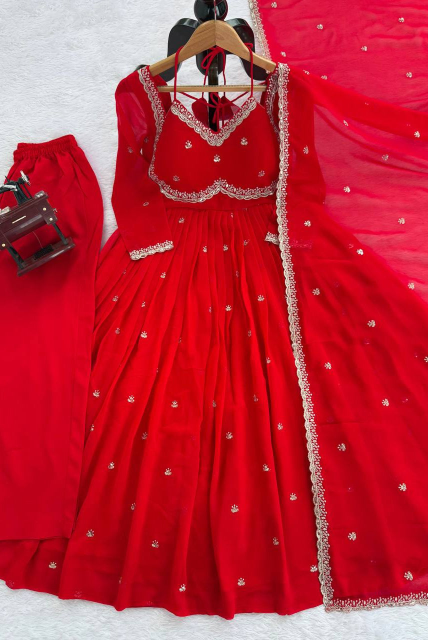 Ruby Red Embroidered Anarkali Suit Set with Dupatta