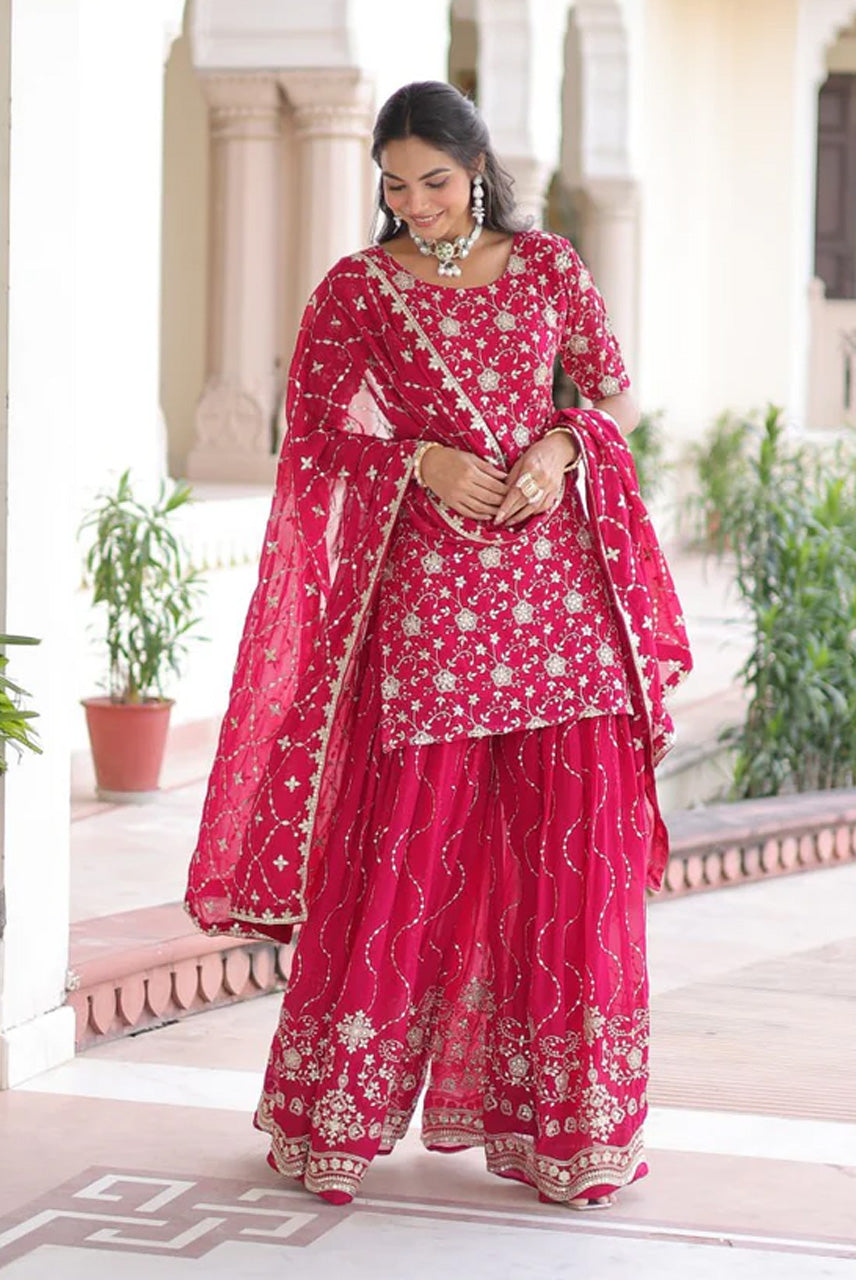 Rani Pink Heavy Embroidered Kurta Sharara Set with Dupatta
