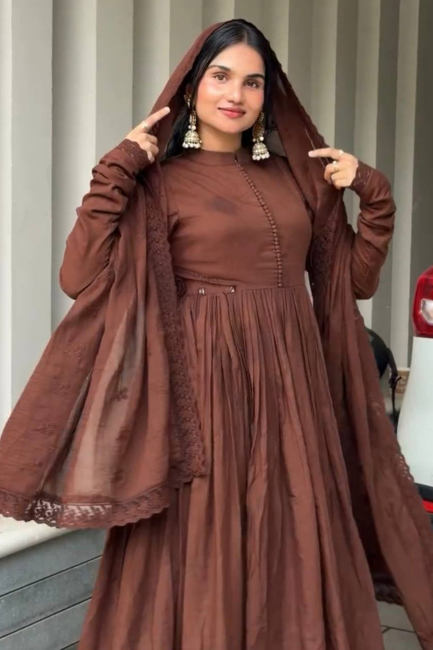 Cocoa Royale Brown Anarkali Kurta Set with Designer Dupatta