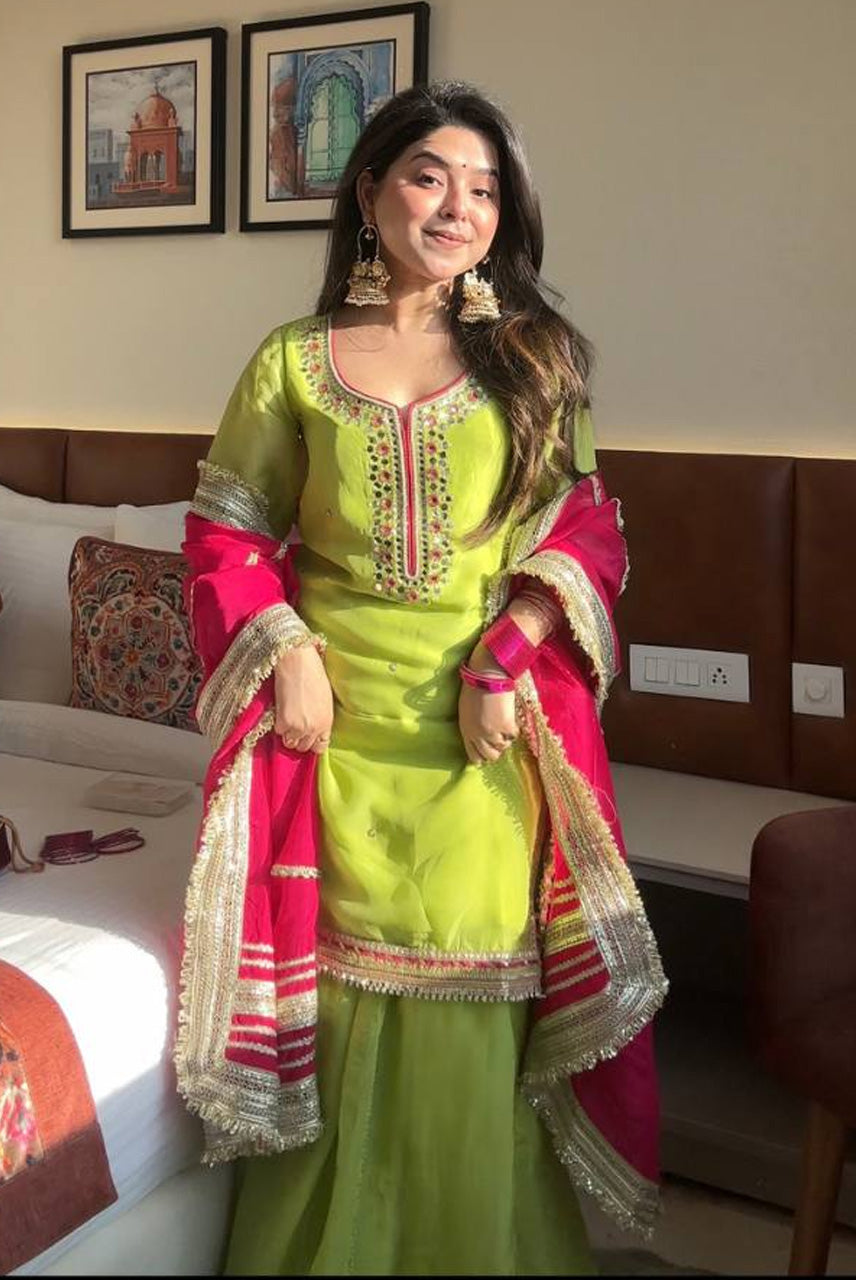 Lime Green Kurta Sharara Set with Rani Pink Dupatta