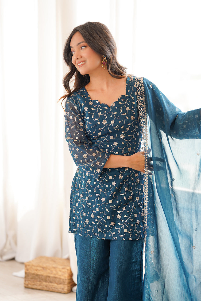 Teal Blue Heavy Embroidered Kurta Palazzo Set with Dupatta