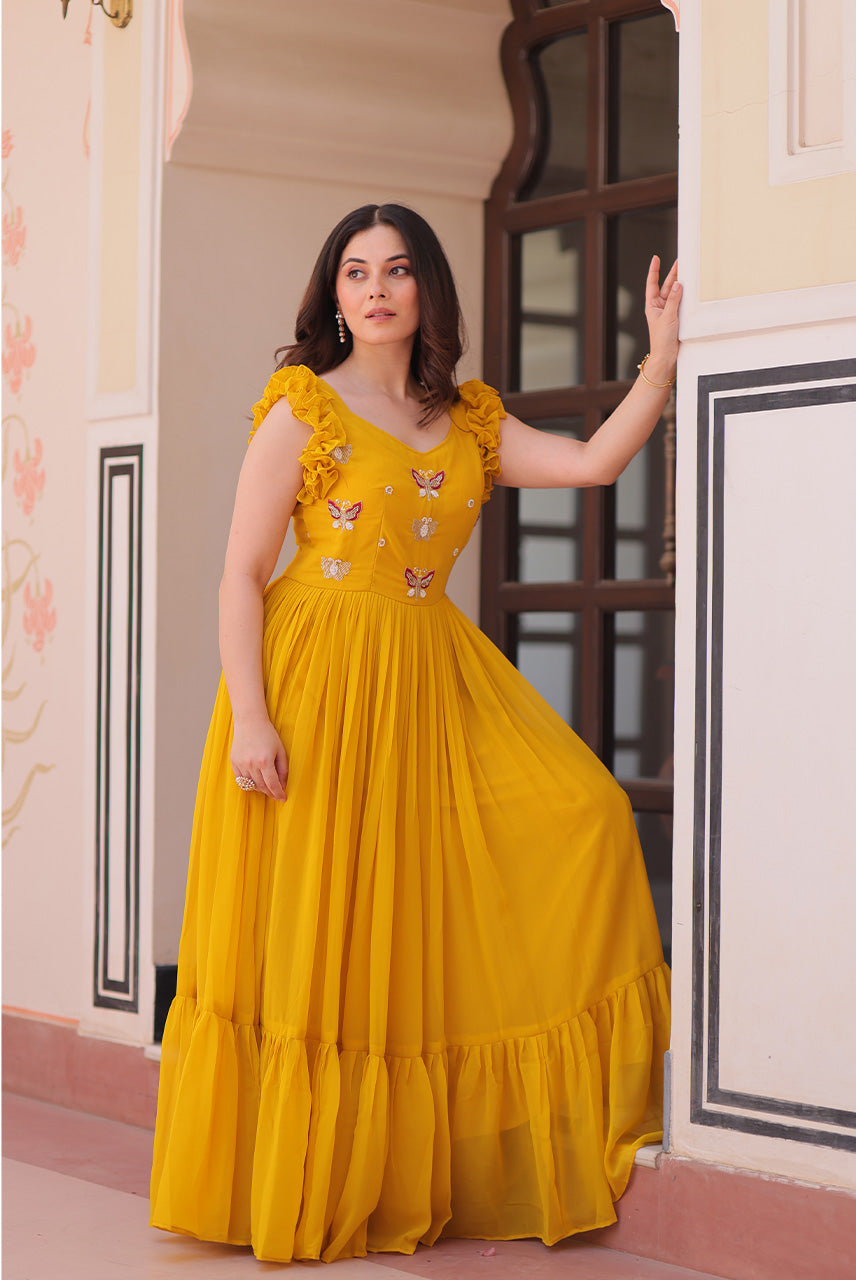 Sunshine Yellow Butterfly Embellished Ruffle Sleeve Anarkali Gown
