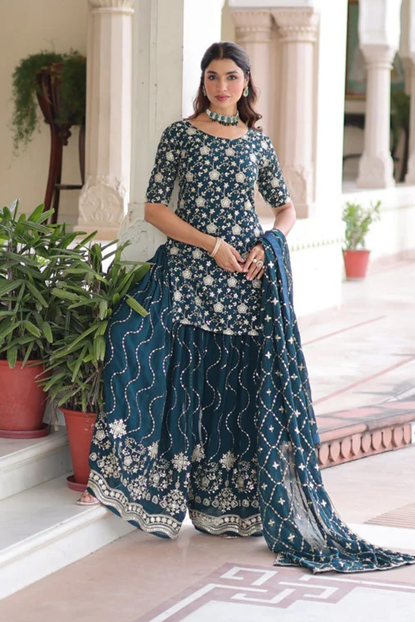 Midnight Teal Heavy Embroidered Kurta Sharara Set with Dupatta