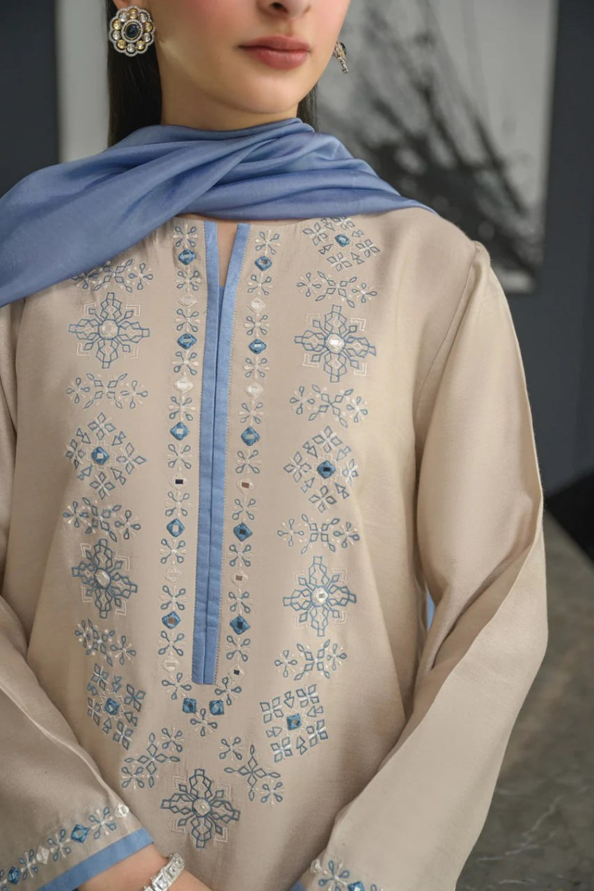 Aarzoo Beige Embroidered Kurta Set with Powder Blue Dupatta