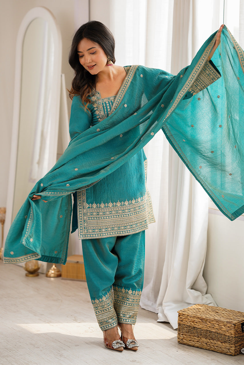 Turquoise Blue Embroidered Kurta Patiala Set with Dupatta
